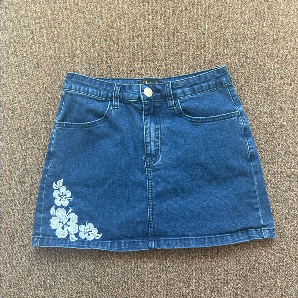 Blue Denim Skirt with Floral embroidery hibiscus flower vintage
